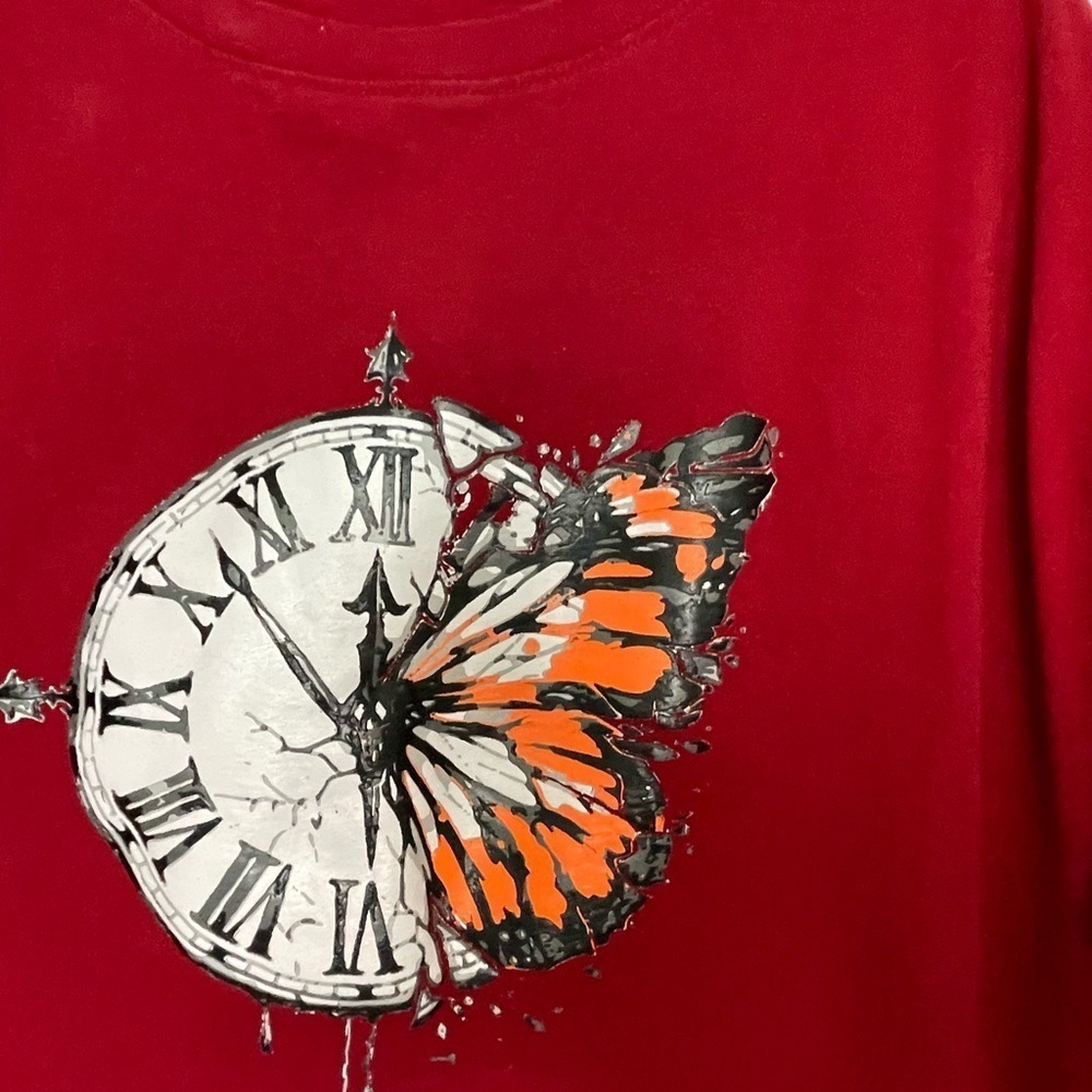 Red Graphic T-Shirt with Clock and Butterfly Design - Picture 2 of 5